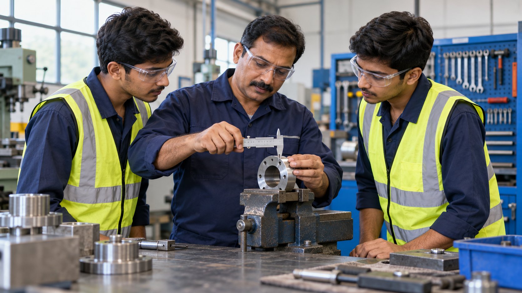Workers practising technical skills in a training workshop